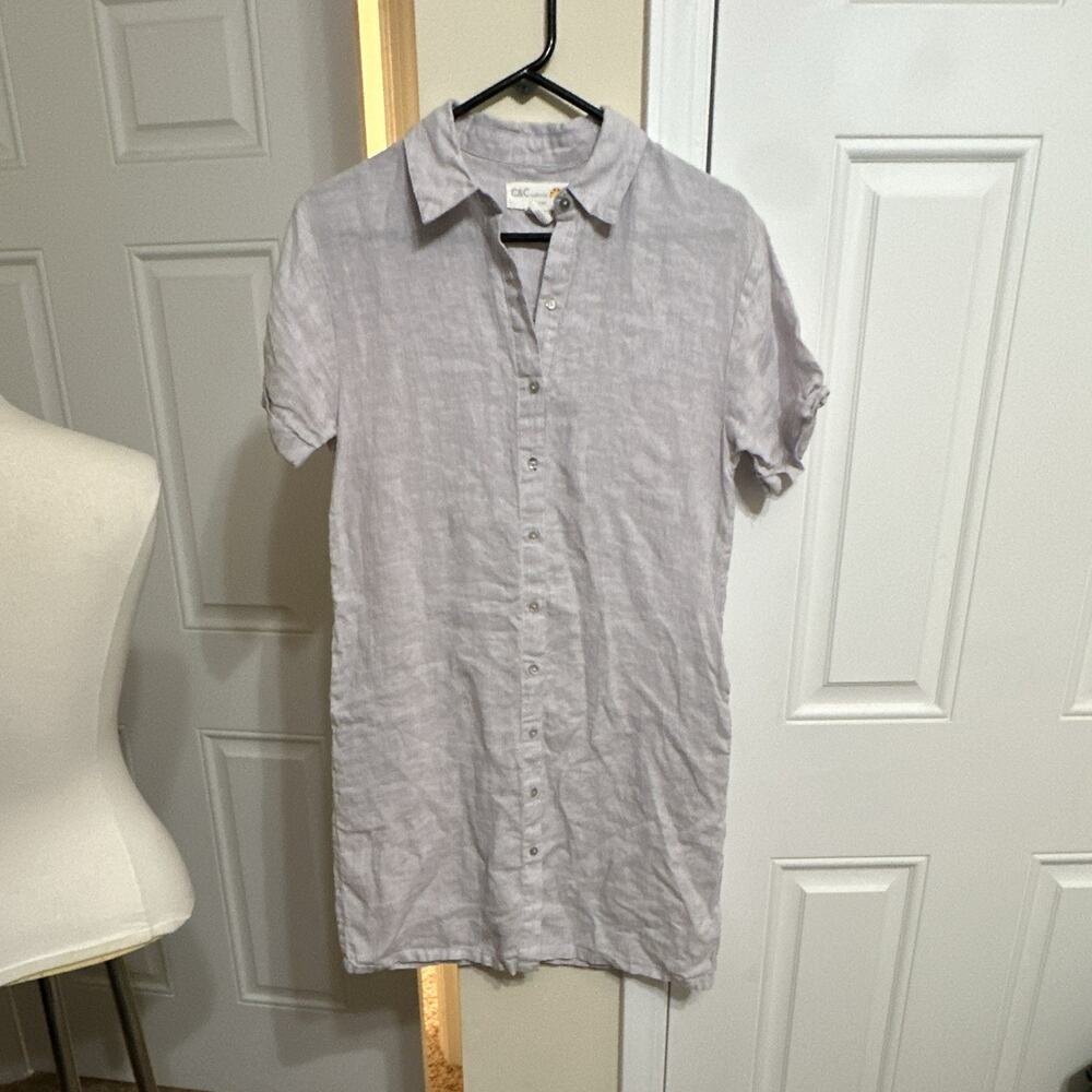 C&C California Womens Gray Solid Linen Collared Shirt Dress Pockets Short XS